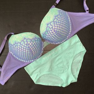 Victoria's Secret 34DDD BRA SET L hiphugger panty Mint BLUE lilac Purple Fishnet